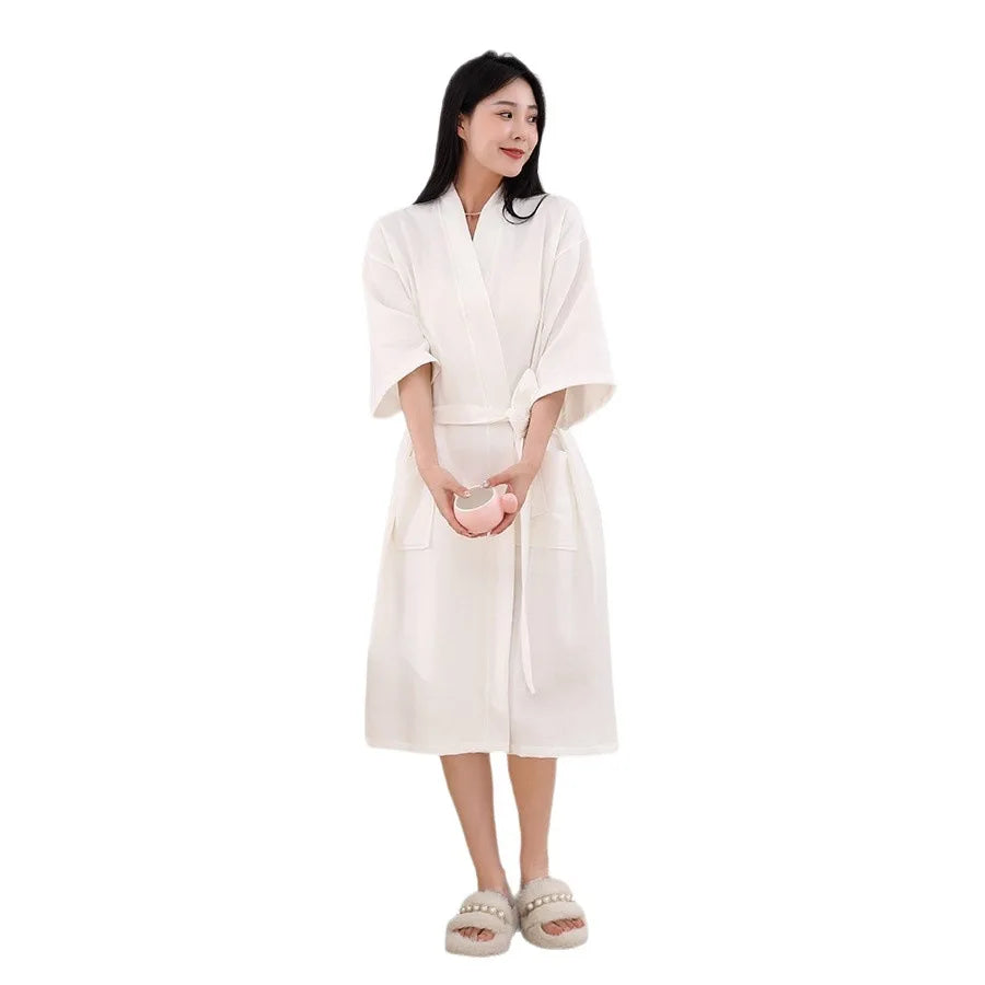 Pure Cotton Waffle Bathrobe – Lightweight Long Robe for Spring & Summer