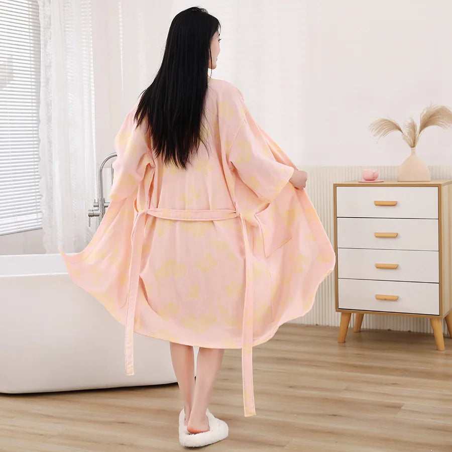 Pure Cotton Waffle Bathrobe – Lightweight Long Robe for Spring & Summer