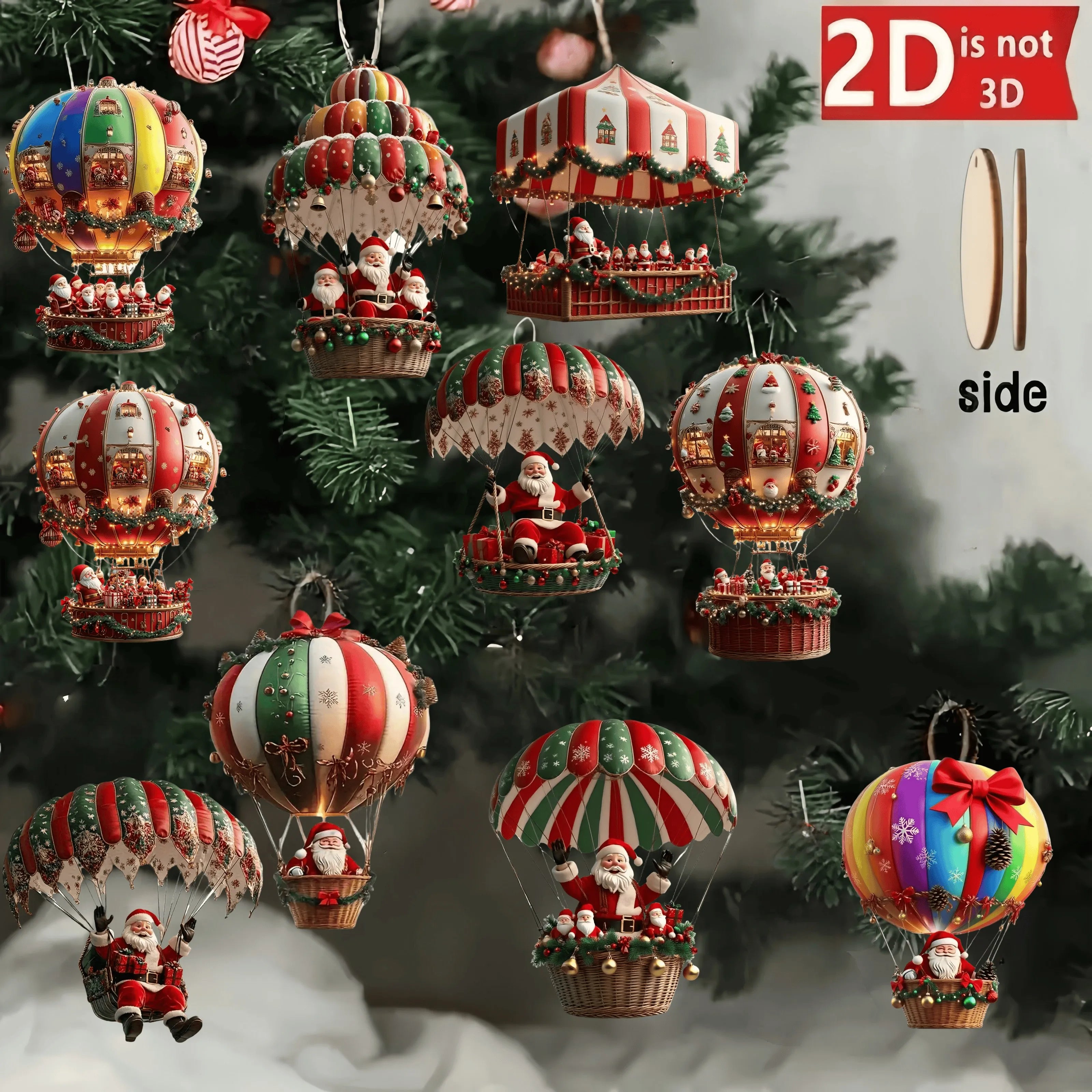 10Pcs Christmas Wooden Hot Air Balloon Santa Claus Holiday Decor