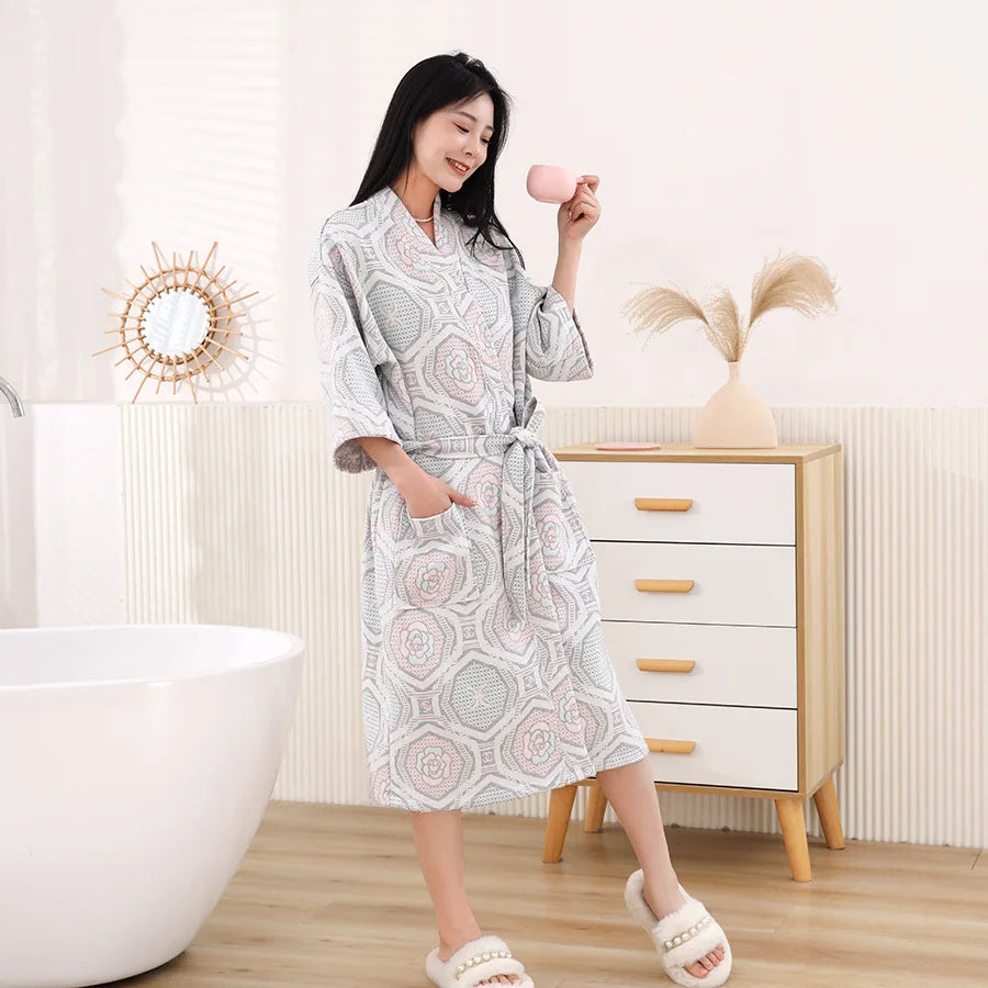 Pure Cotton Waffle Bathrobe – Lightweight Long Robe for Spring & Summer