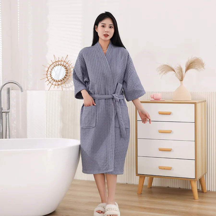 Pure Cotton Waffle Bathrobe – Lightweight Long Robe for Spring & Summer