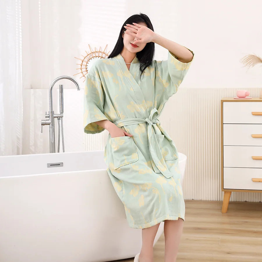 Pure Cotton Waffle Bathrobe – Lightweight Long Robe for Spring & Summer